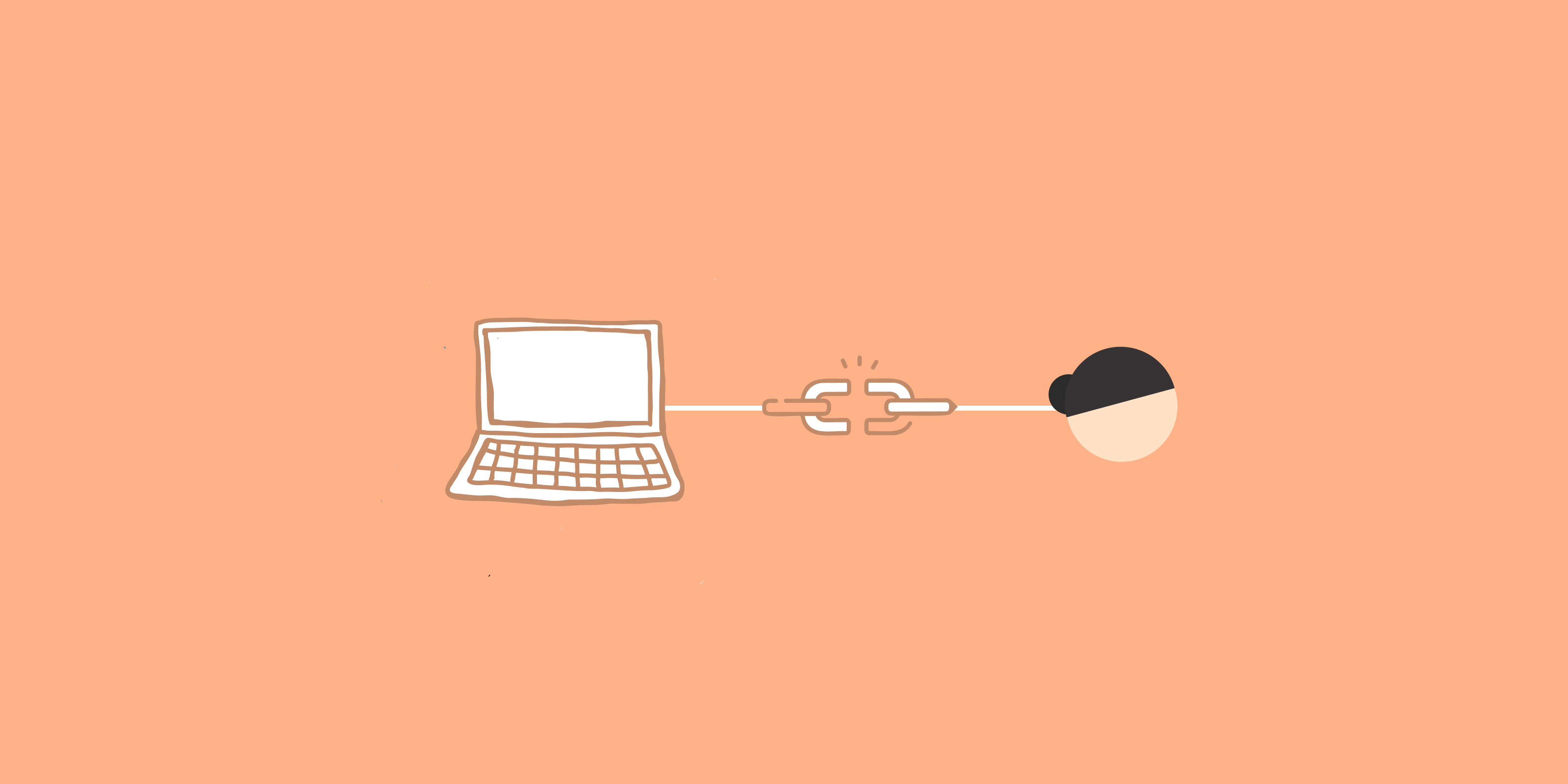 Laptop connected to a person icon on orange background, illustrating a network link.