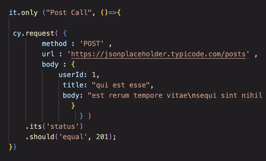 Cypress test syntax for POST Request