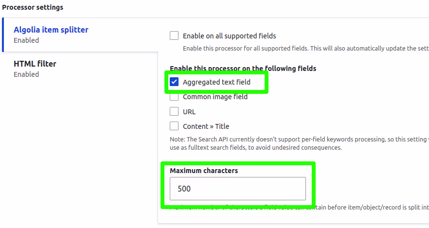 configuration for Algolia aggregated text field